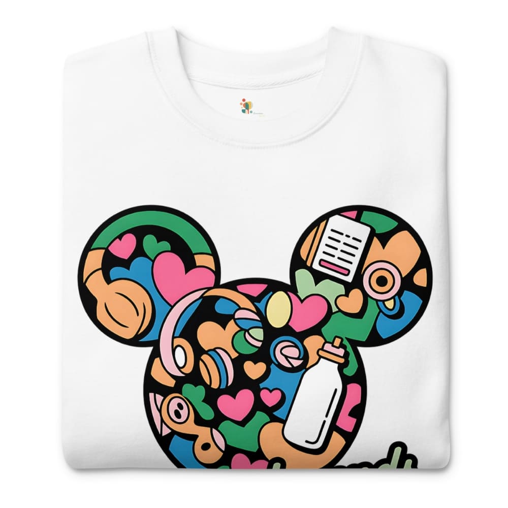 White sweatshirt with a colorful graphic design on a white background