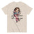Beige t-shirt with a cartoon character and text on a white background