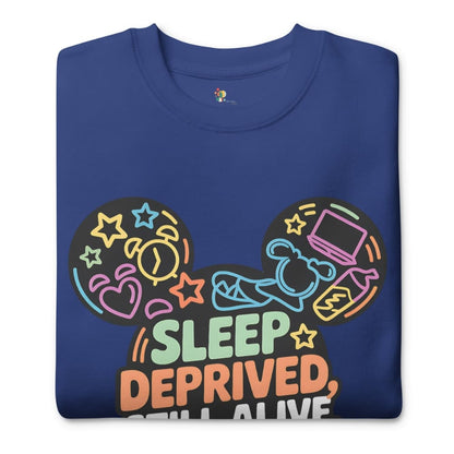 Blue sweatshirt with colorful graphic design and text 'Sleep Deprived, Still Alive' on a white background