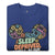 Blue sweatshirt with colorful graphic design and text 'Sleep Deprived, Still Alive' on a white background