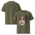 Khaki t-shirt with a graphic design of a woman holding a coffee cup and text on the front, with the back showing a plain green color.