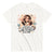 White t-shirt with a graphic design featuring a cartoon character and text on a white background