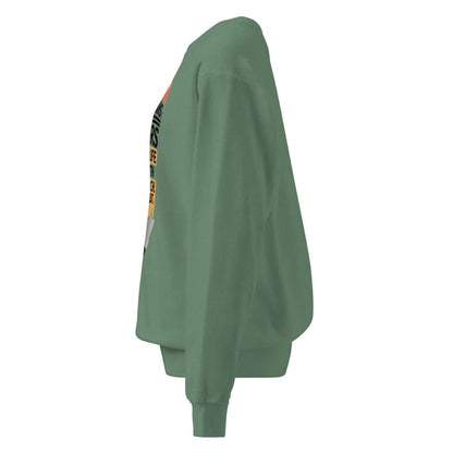 Green sweatshirt with a colorful graphic on the sleeve against a white background