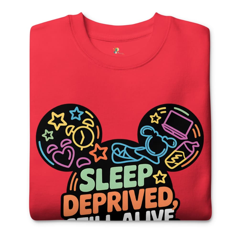 Folded red t-shirt with colorful graphic design and text 'Sleep Deprived, Still Alive' on a white background