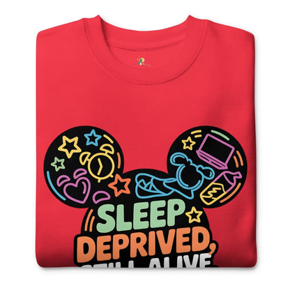 Folded red t-shirt with colorful graphic design and text 'Sleep Deprived, Still Alive' on a white background
