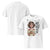 White t-shirt with a graphic of a woman holding a coffee cup and text, on a white background.