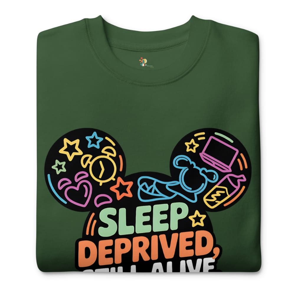 Green sweatshirt with colorful graphic design and text 'Sleep Deprived, Still Alive' on a white background