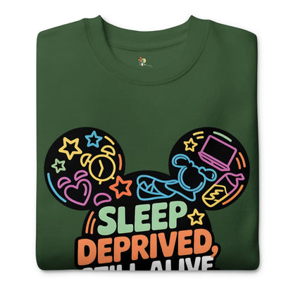 Green sweatshirt with colorful graphic design and text 'Sleep Deprived, Still Alive' on a white background