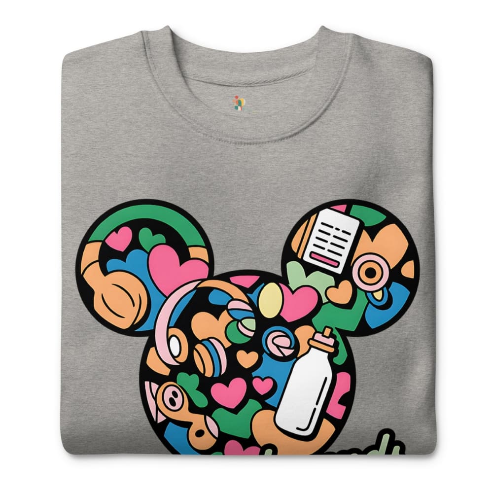 Gray sweatshirt with a colorful graphic design on a white background