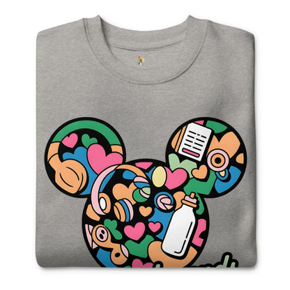 Gray sweatshirt with a colorful graphic design on a white background