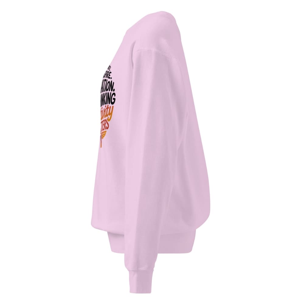 Light purple sweatshirt with text and graphics on a white background