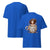 Blue t-shirt with a graphic design of a person holding a mug and text, shown from front and back.