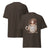 Brown t-shirt with a graphic design of a woman holding a coffee cup on a white background
