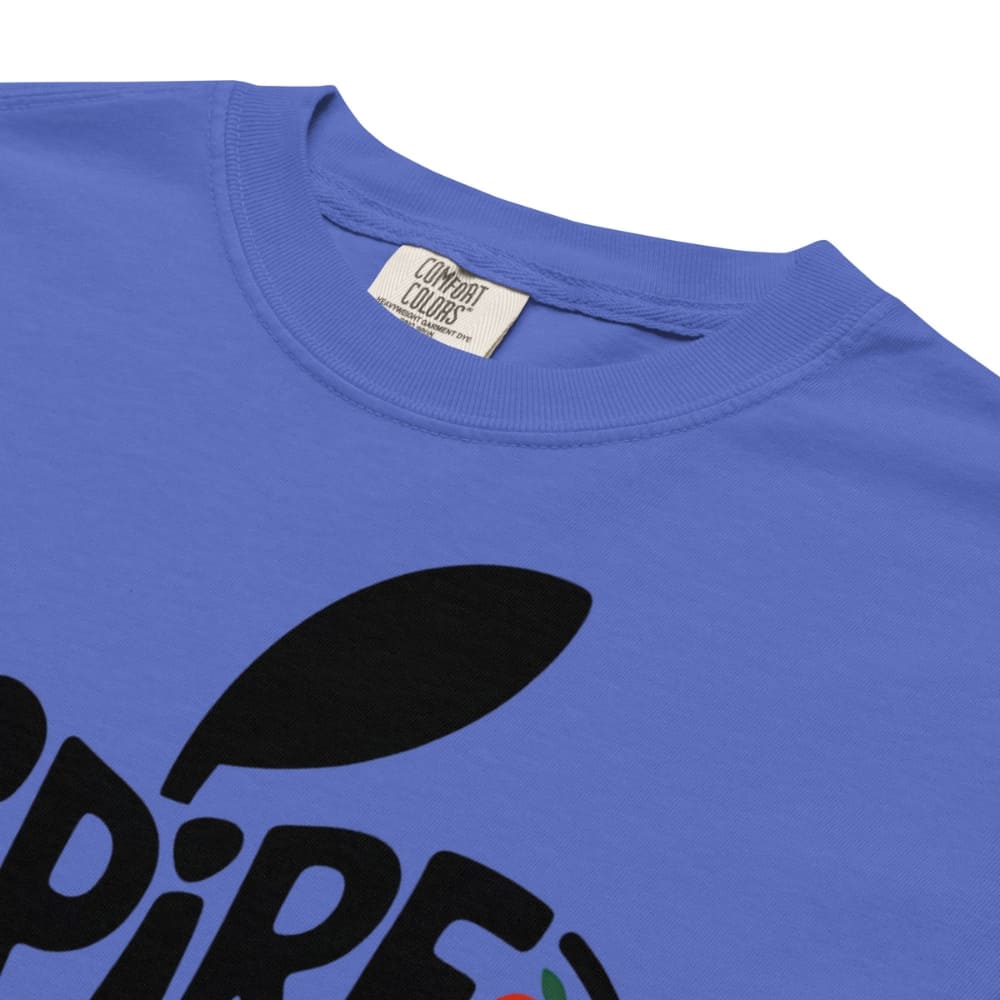 Blue t-shirt with black logo and 'Comfort Colors' label on a white background