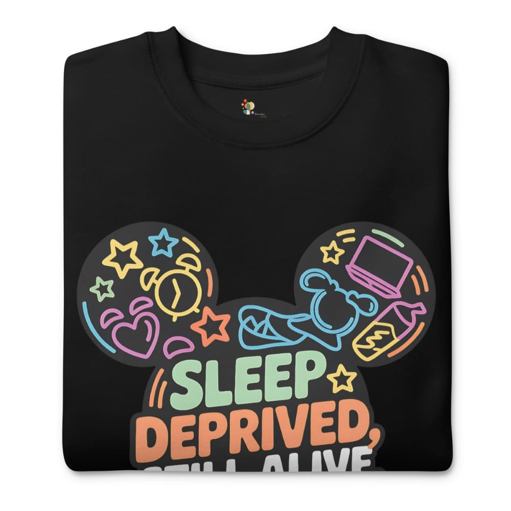 Black t-shirt with colorful graphic design and text 'Sleep Deprived, Still Alive' on a white background