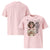 Pink t-shirt with a graphic of a woman holding a coffee cup and text, shown from front and back.