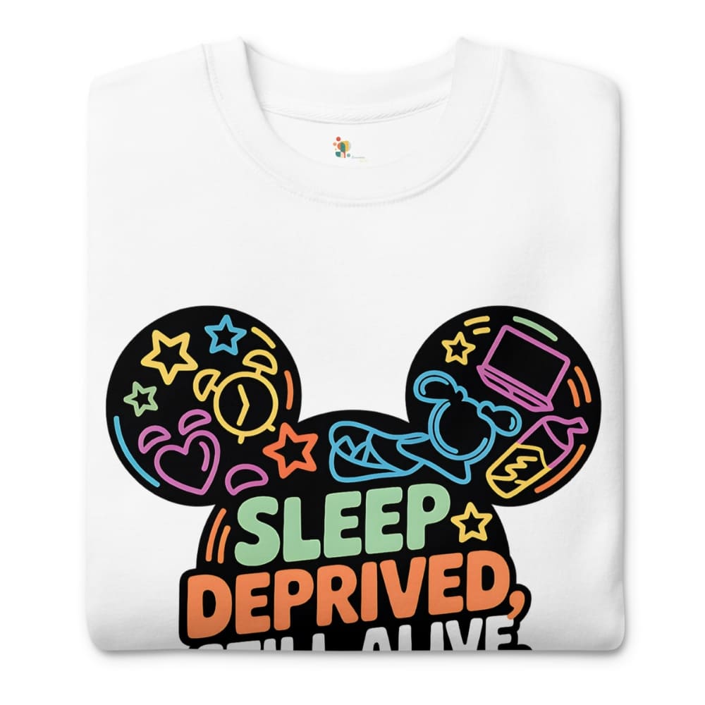 White sweatshirt with colorful graphic design and text 'Sleep Deprived, Still Alive' on a white background