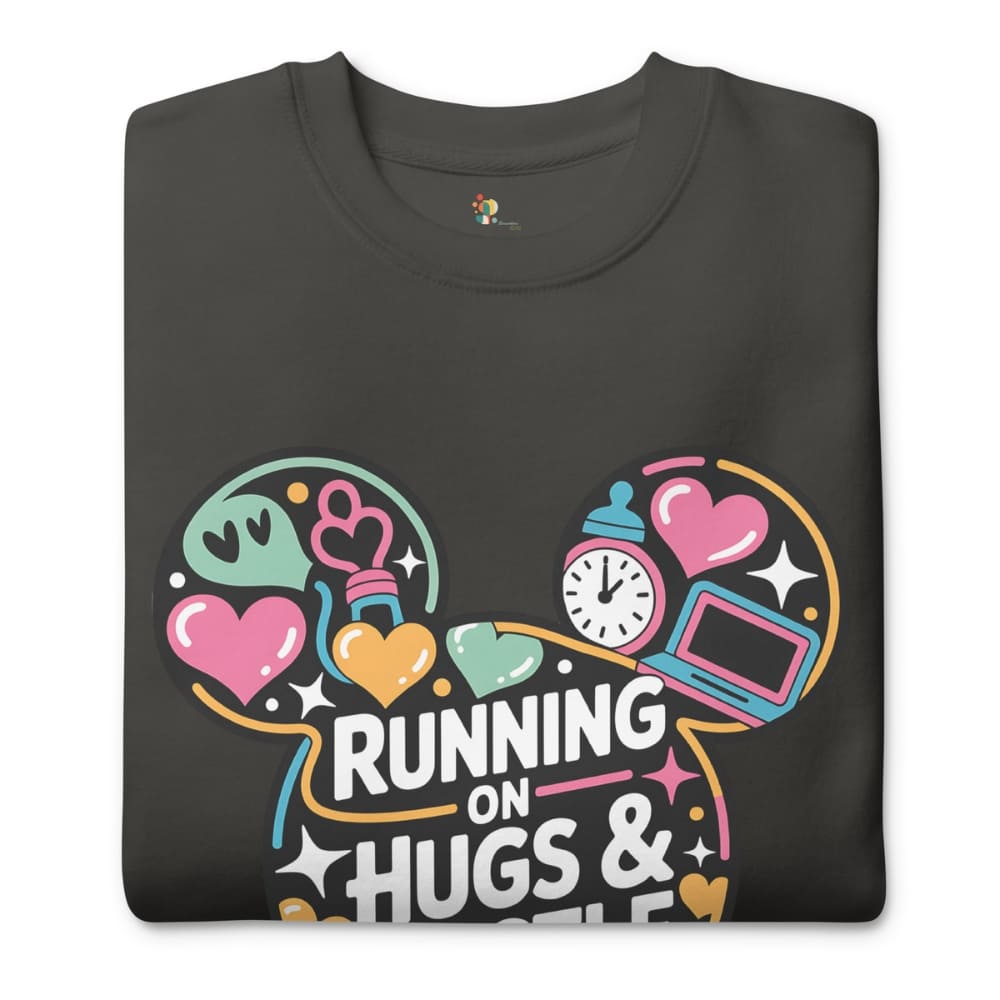 Black t-shirt with colorful graphic design and text 'Running on Hugs & Coffee' on a white background