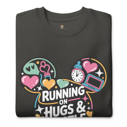 Black t-shirt with colorful graphic design and text 'Running on Hugs & Coffee' on a white background