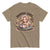 Brown t-shirt with a graphic of a woman holding a coffee cup and text 'Mommin' Hard. Caffeinatin' Harder.
