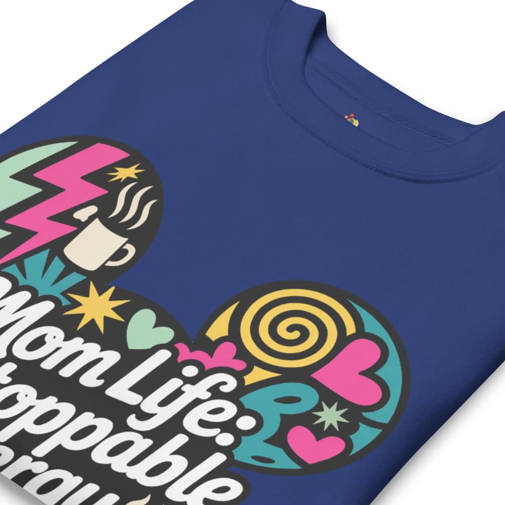 Blue t-shirt with colorful graphic design and text on a white background