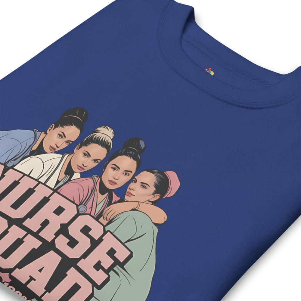 Blue t-shirt with graphic design of four people and text on a white background