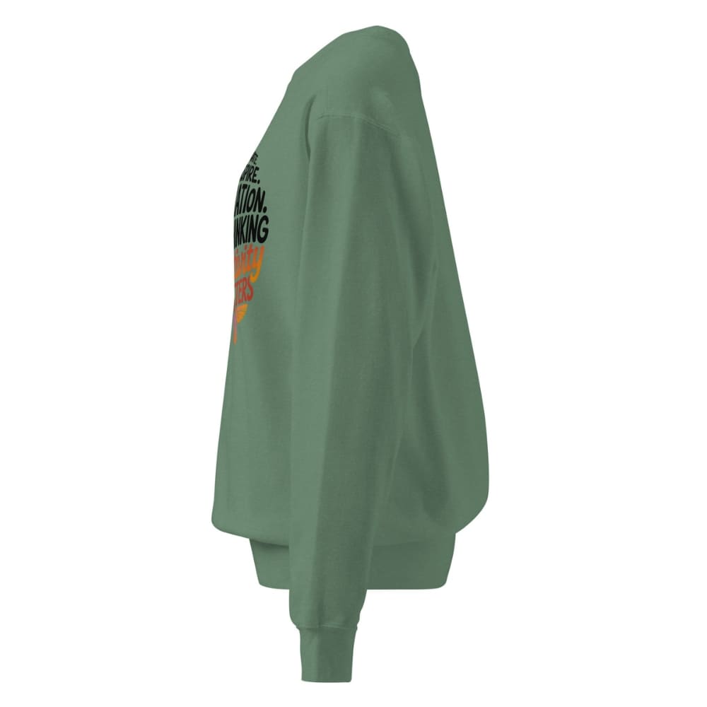 Green sweatshirt with text and graphics on a white background