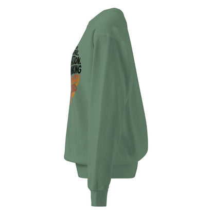 Green sweatshirt with text and graphics on a white background