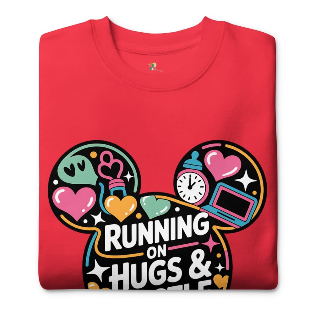 Red t-shirt with colorful graphic and 'Running on Hugs & Coffee' text on a white background