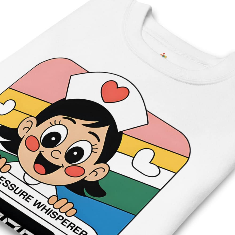 White t-shirt with a colorful cartoon character design on a white background