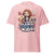 Pink t-shirt with cartoon character and text on a white background