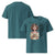 Teal t-shirt with a graphic of a woman holding a coffee cup and text on the front, with the back showing a plain design.