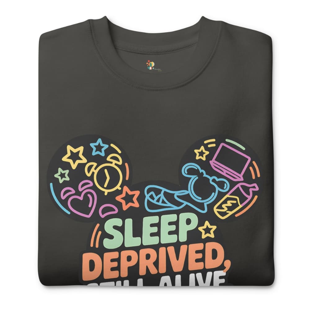 Dark gray t-shirt with colorful graphic design and text 'Sleep Deprived, Still Alive' on a white background