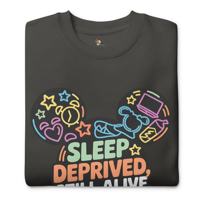 Dark gray t-shirt with colorful graphic design and text 'Sleep Deprived, Still Alive' on a white background