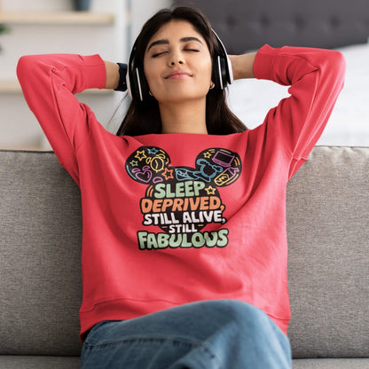 Woman wearing a red sweatshirt with text sitting on a couch.