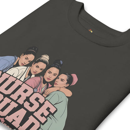 Black t-shirt with graphic design of four people and text on a white background