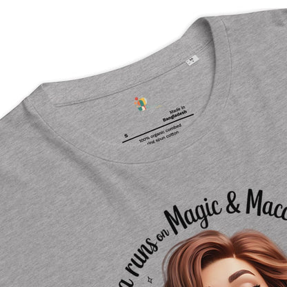 Gray t-shirt with a graphic design and text on a white background