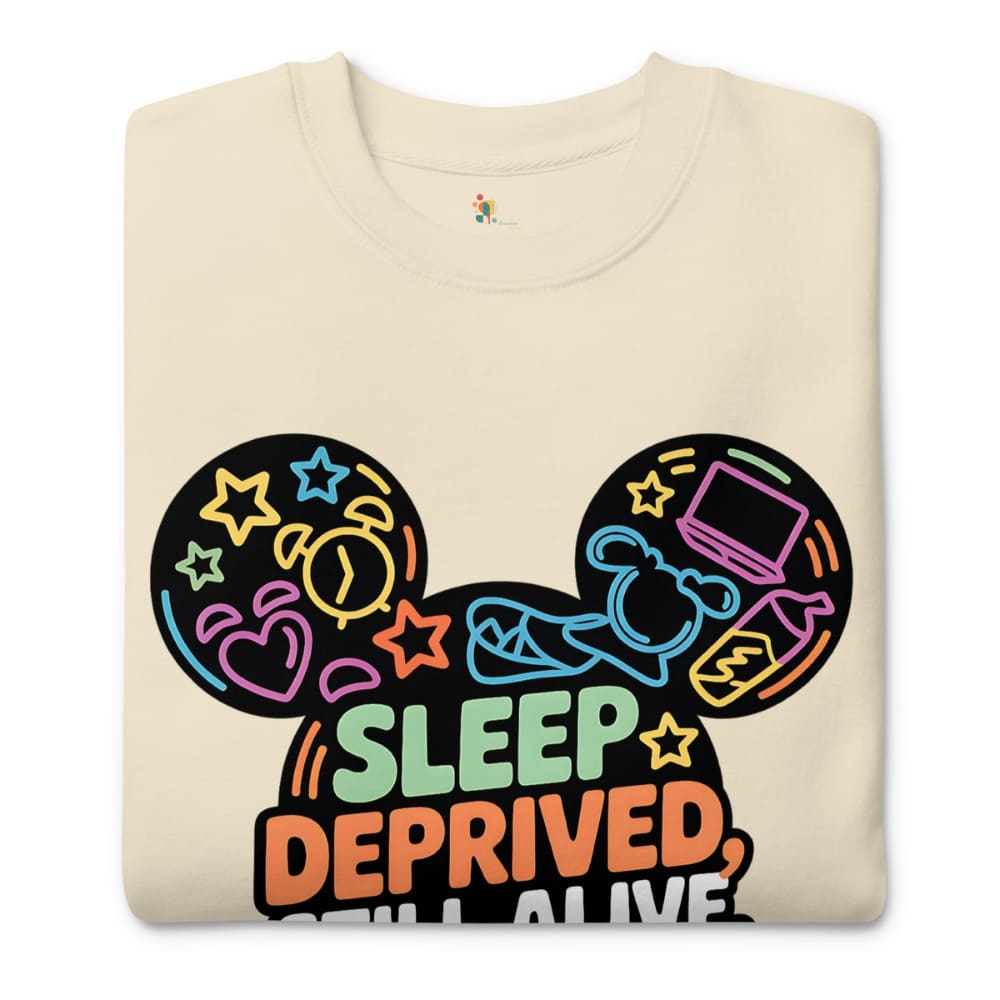 Beige sweatshirt with colorful graphic design and text 'Sleep Deprived, Still Alive' on a white background