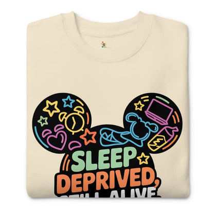 Beige sweatshirt with colorful graphic design and text 'Sleep Deprived, Still Alive' on a white background