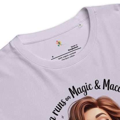 Close-up of a light purple t-shirt with text and a graphic, featuring a brand logo and text on the collar.