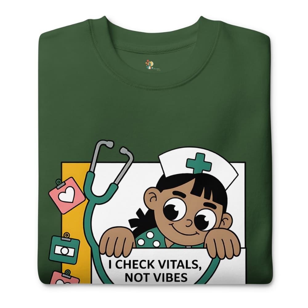 Green t-shirt with a cartoon nurse design and text on a white background