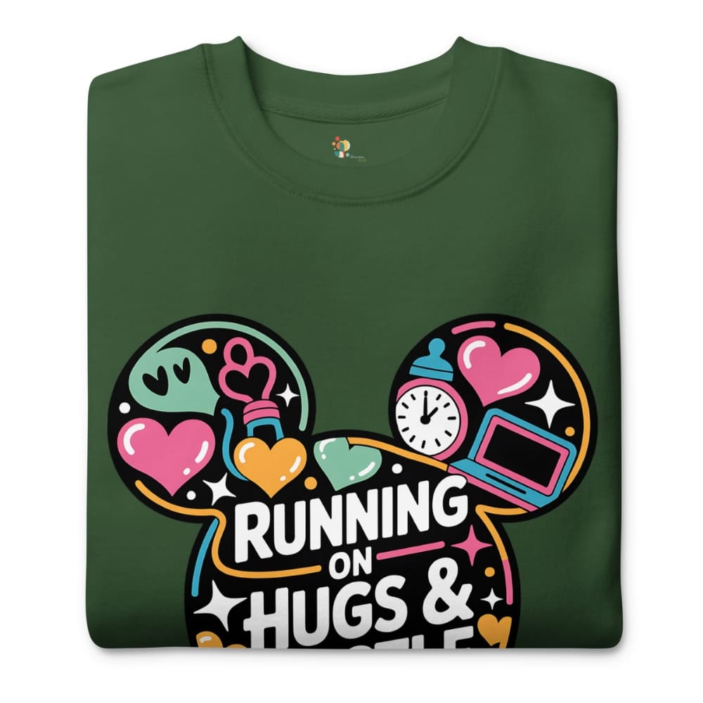 Green t-shirt with colorful graphic design and text 'Running on Hugs & Coffee' on a white background