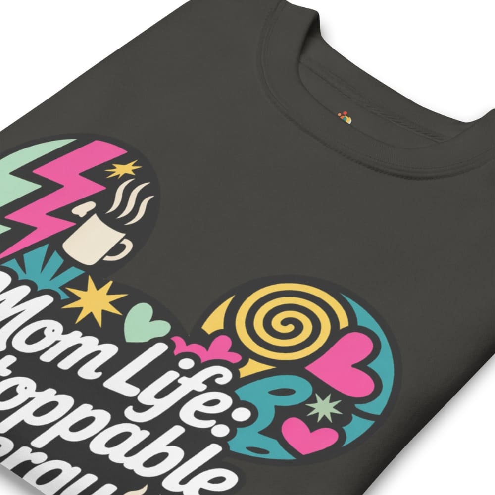 Black t-shirt with colorful graphic design and text on a white background