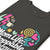 Black t-shirt with colorful graphic design and text on a white background