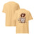 Beige t-shirt with a graphic design of a person holding a coffee cup and text on the front, shown from front and back views.
