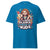 Blue t-shirt with colorful graphic and text on a white background