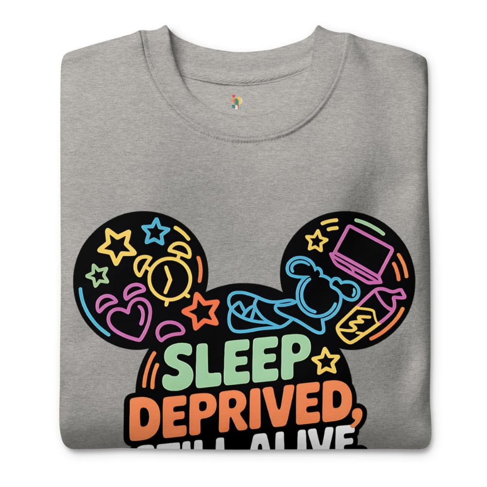 Gray sweatshirt with colorful graphic design and text 'Sleep Deprived, Still Alive' on a white background