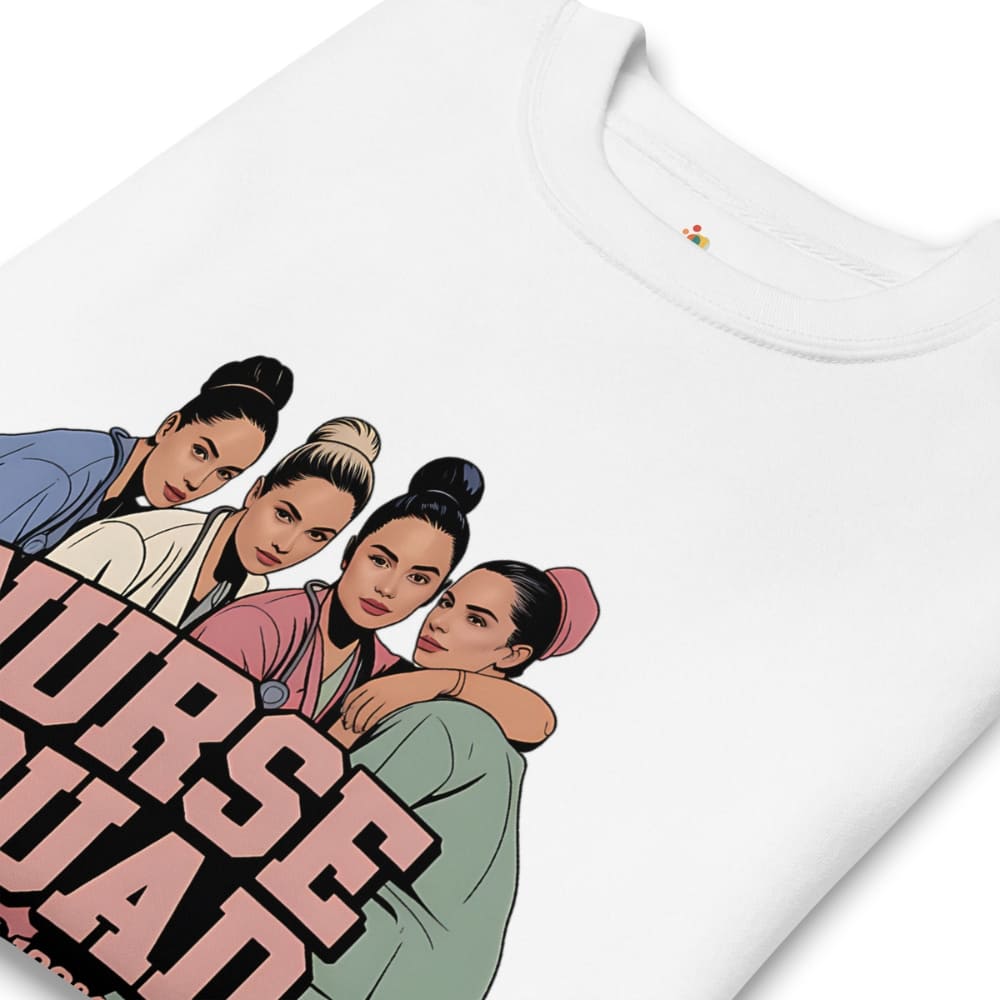White t-shirt with graphic design of four women and text on a white background