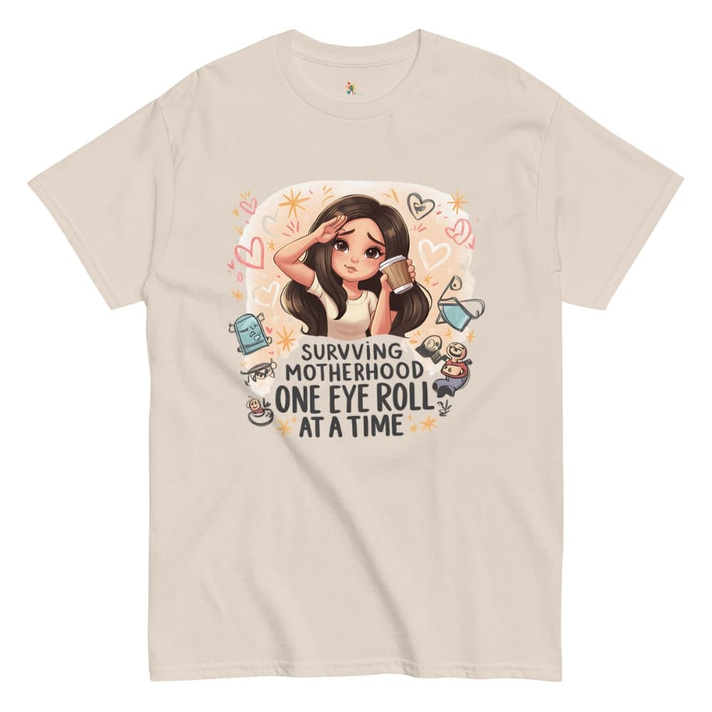 Natural t-shirt with a graphic of a woman and humorous text on a white background