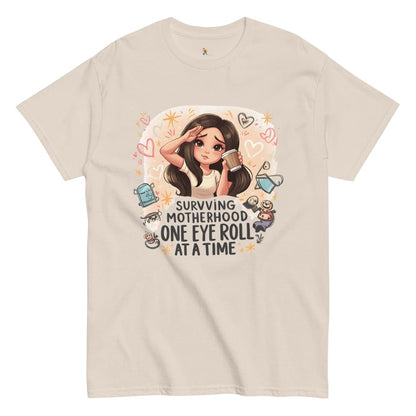 Natural t-shirt with a graphic of a woman and humorous text on a white background